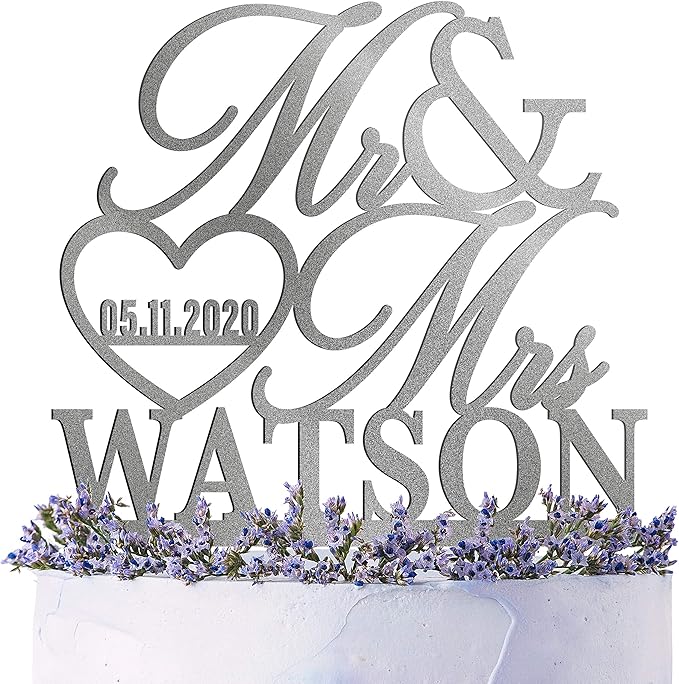 Wedding Cake Topper Personalized, Custom Mr. Mrs. Cake Topper w Last Name, Silver Glitter Acrylic Decoration for Special Event