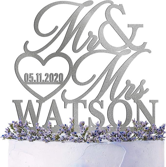 Wedding Cake Topper Personalized, Custom Mr. Mrs. Cake Topper w Last Name, Silver Glitter Acrylic Decoration for Special Event