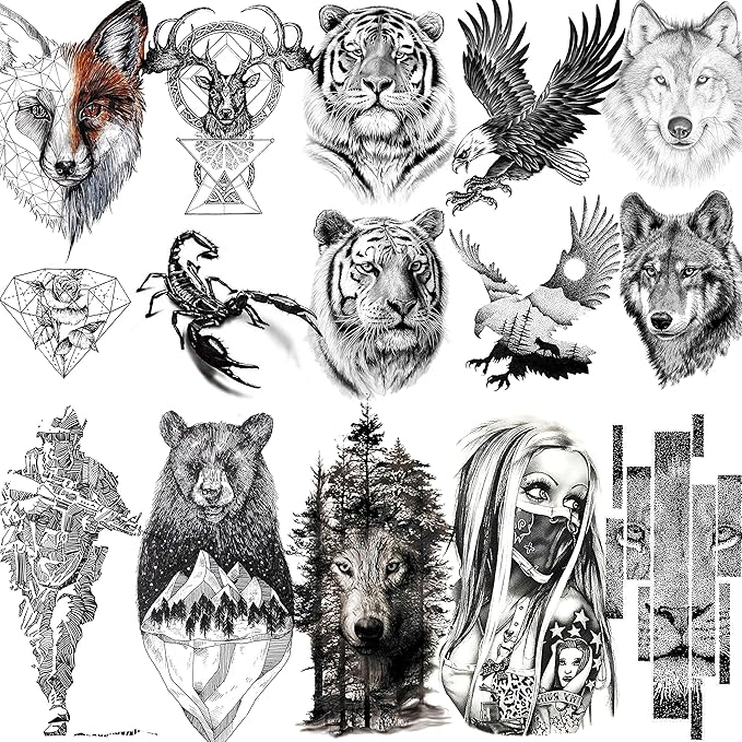 10 Sheets Realistic Tiger Temporary Tattoos Animals For Men Body Armband Soldier Fake Tatoo Stickers For Women Scorpion Wolf Deer Elk Eagle Bear Dot Adults Forearm Tattoos Girls Kids Teens.