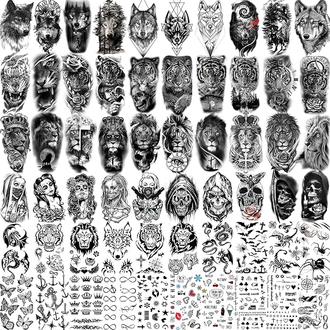 60 Sheets 3D Cool Lion Tiger Temporary Tattoos For Men Women Arm Finger Hands, Small Scary Devil Skull Skeleton Fake Tattoos For Adult Teens Halloween, Black Wolf Dragon Realistic Tatoo Sticker