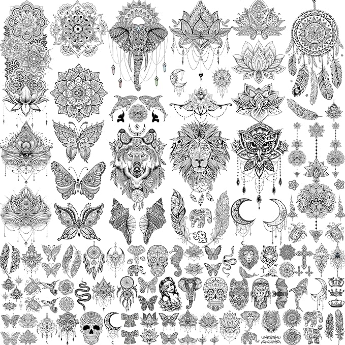 64 Sheets Tribal Vintage Black Lotus Temporary Tattoos for Women Girls, Bohemia Mandala Flower Fake Sleeve Tattoos for Adults Owl Moon