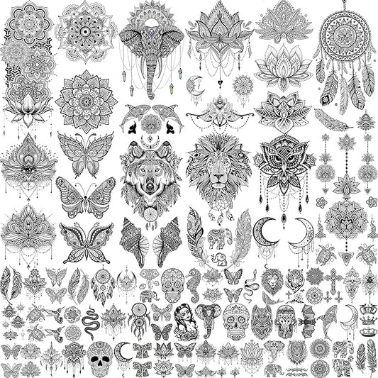 64 Sheets Tribal Vintage Black Lotus Temporary Tattoos for Women Girls, Bohemia Mandala Flower Fake Sleeve Tattoos for Adults Owl Moon