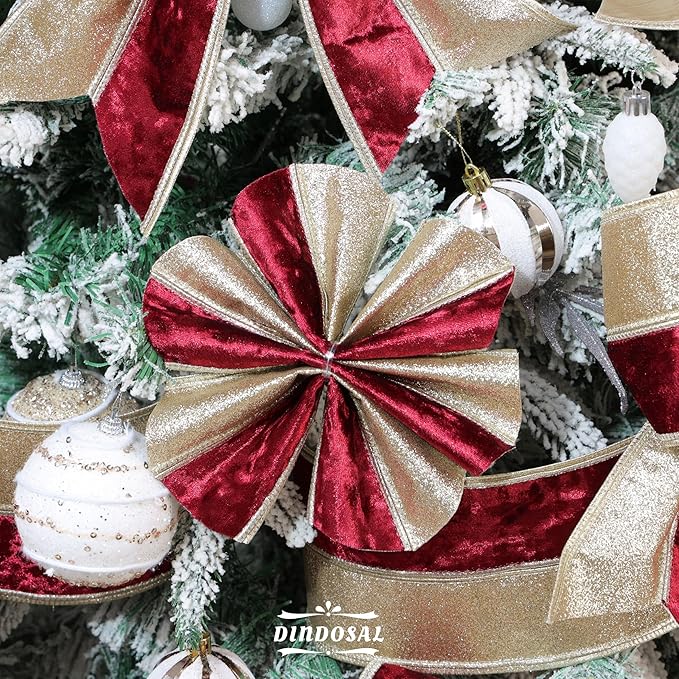 Burgundy Velvet Wired Christmas Ribbon 4 Inch Extra Wide Thick Maroon and Gold Glitter Holiday Ribbon – 10-Yards Roll for Tree Decorations, Gift Wrapping, Wreaths, and DIY Crafts