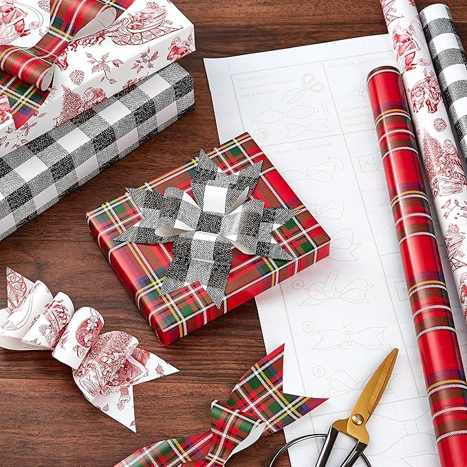 Hallmark Holiday Plaid Wrapping Paper with Cutlines and Optional DIY Bow Templates on Reverse (3-Pack: 120 Sq. Ft. Ttl) Red Toile, Black Buffalo Check, Plaid for Christmas, Birthdays, Weddings, Crafts