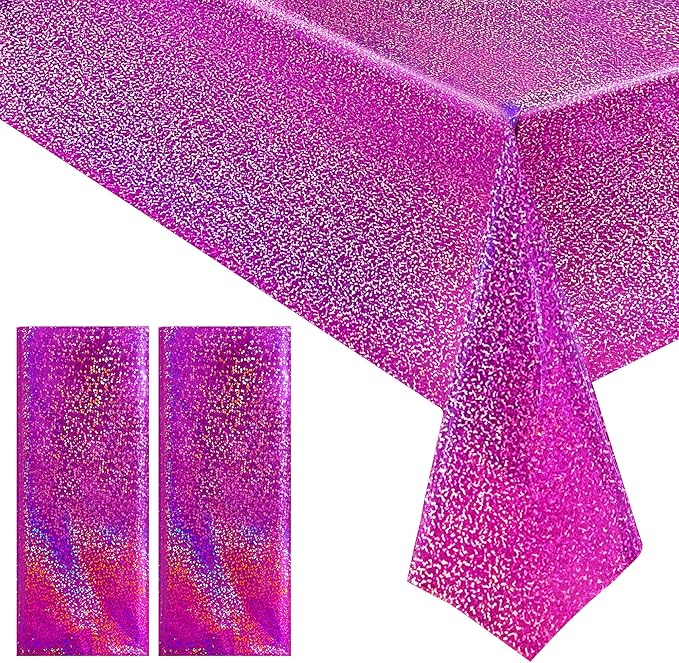 2 Pcs Fuchsia Red Holographic Plastic Tablecloths Laser Table Covers 40" x 108" Foil Disposable Table Cloths for Themed Birthday Party Wedding Christmas Holiday Party Decorations