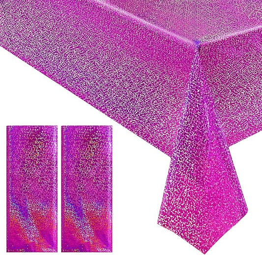 2 Pcs Fuchsia Red Holographic Plastic Tablecloths Laser Table Covers 40" x 108" Foil Disposable Table Cloths for Themed Birthday Party Wedding Christmas Holiday Party Decorations