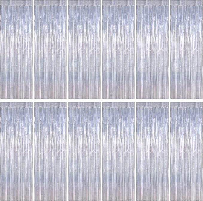 12 Pack Fringe Backdrop, 3.28 FT x 7.08 FT Glitter Silver Tinsel Curtain, Metallic Foil Curtains Party Streamer Disco Backdrop, Silver Party Decorations for Bachelorette Birthday Holiday