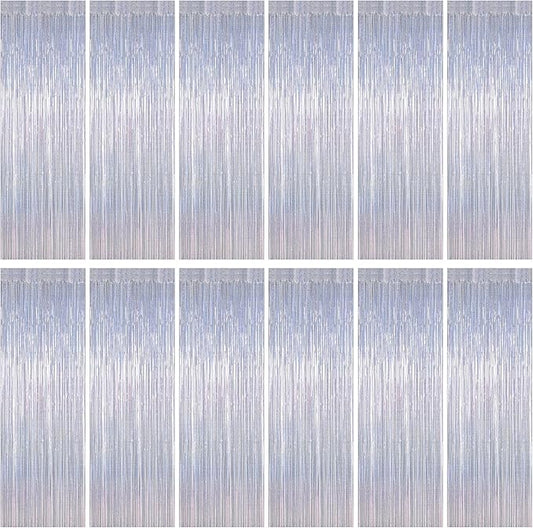 12 Pack Fringe Backdrop, 3.28 FT x 7.08 FT Glitter Silver Tinsel Curtain, Metallic Foil Curtains Party Streamer Disco Backdrop, Silver Party Decorations for Bachelorette Birthday Holiday