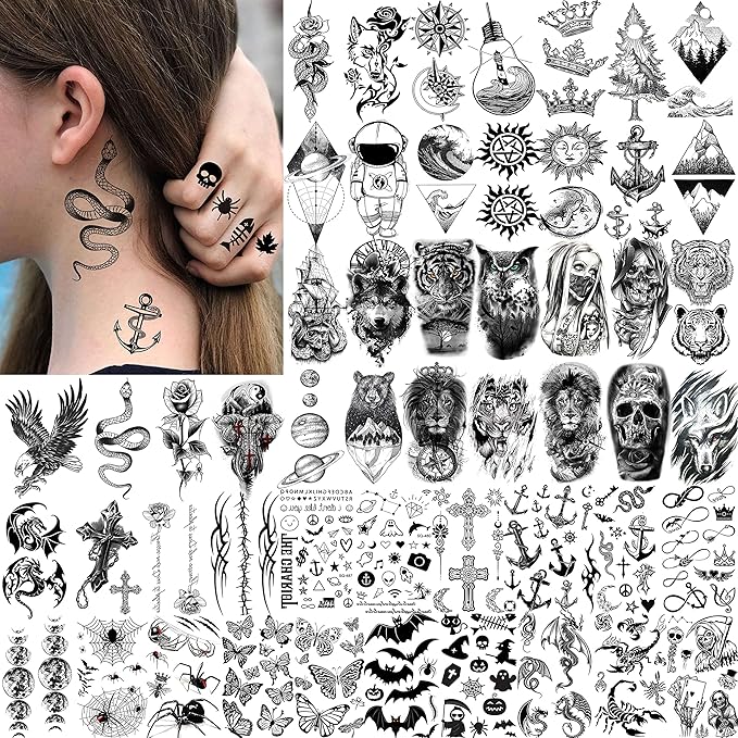 COKTAK 64 Sheets Large Black Arm Temporary Tattoos For Men Forearm Women Thigh, Half Sleeve Animals Lion Tiger Wolf Temp Tattoo Stickers Adults, Death Skull Compass Flower Fake Tattoos That Look Real
