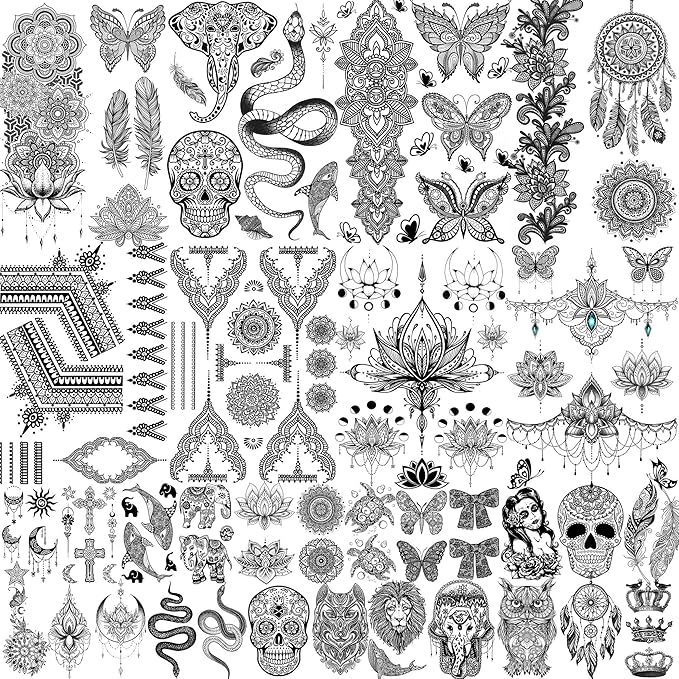 32 Sheets 89+ PCS Black Lotus Temporary Tattoos For Women Hands Adults Underboob, Tribal Indian Elephant Skull Snake Fake Tattoos, Bulk Bohemia Butterfly Tattoo Kit Sets Mandala Flower Moon