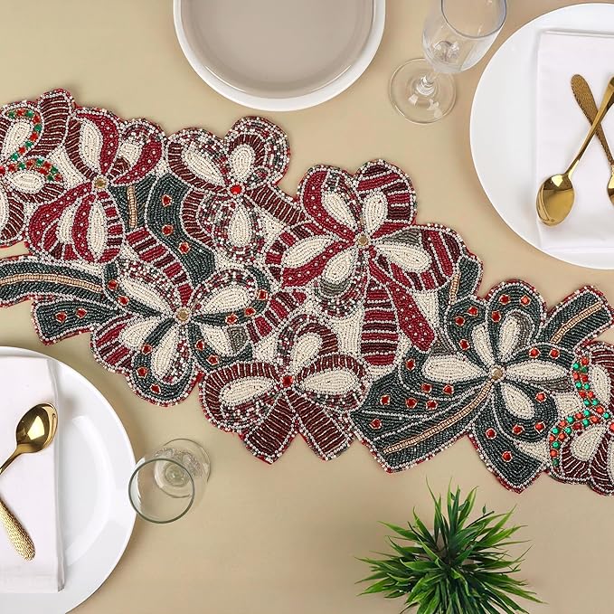 Christmas Beaded Table Runner 13x36 - Handcrafted Beaded Table Ruuners, Perfect for Weddings, Festive Celebrations, Dining Tables, Home Décor, and Everyday Use (Red White) - CLEENTABLE