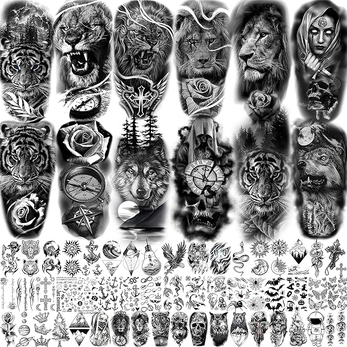COKTAK 64 Sheets Large Black Arm Temporary Tattoos For Men Forearm Women Thigh, Half Sleeve Animals Lion Tiger Wolf Temp Tattoo Stickers Adults, Death Skull Compass Flower Fake Tattoos That Look Real
