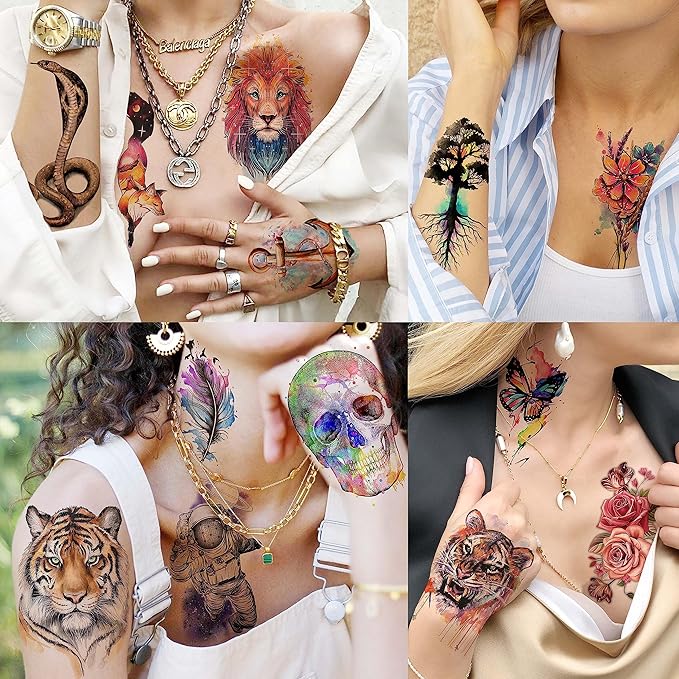 55 Sheets 3D Watercolor Temporary Tattoos For Women Men Adults Kids - Realistic Animal Print, Tribal, Floral, Halloween Designs - Multicolor - Waterproof - Ages 3+