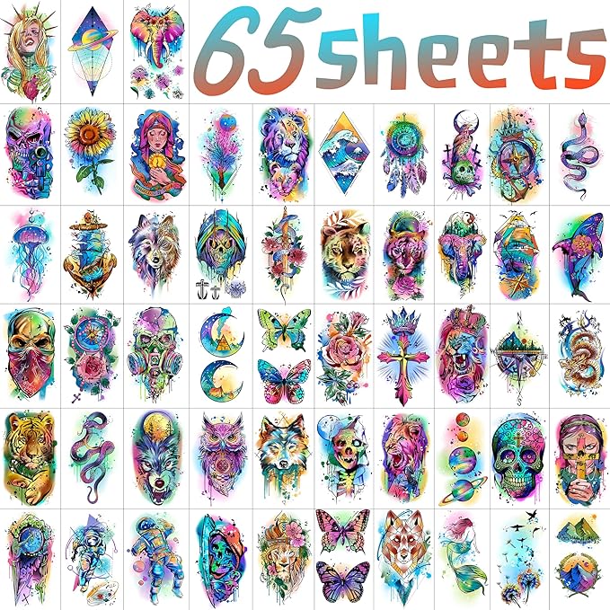 FANRUI 65 Sheets Watercolor Peony Rose Floral Temporary Tattoos For Women Arm Shoulder, Groovy Compass Flower Fake Tattoo Owl Blue Tribal Eye Skull Tiger, Long Lasting Tatoos Sleeve Angel Girls Adults