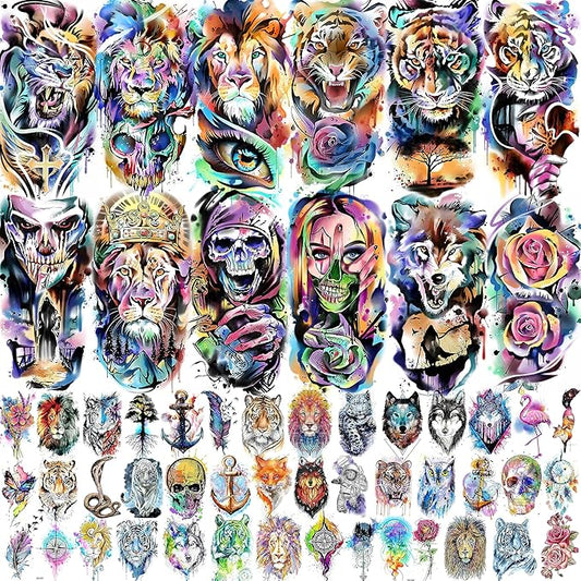 55 Sheets 3D Watercolor Temporary Tattoos For Women Men Adults Kids - Realistic Animal Print, Tribal, Floral, Halloween Designs - Multicolor - Waterproof - Ages 3+