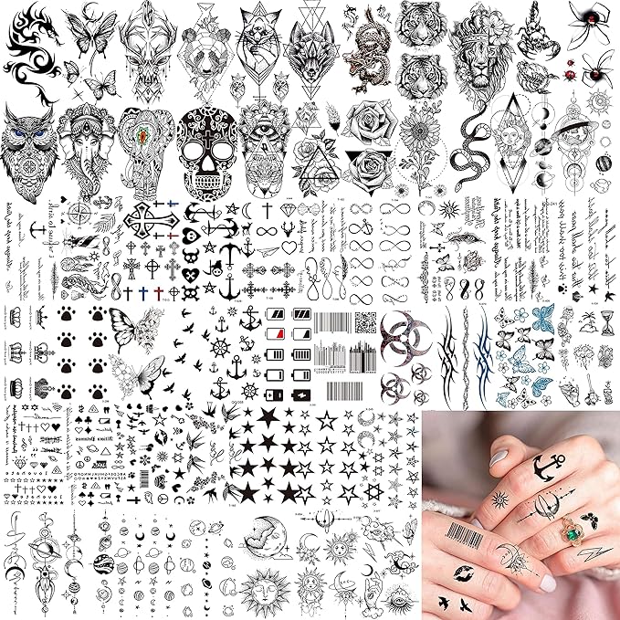 69 Sheets 3D Realistic Tiger Lion Temporary Tattoos For Women Forearm Men Arm, Half Sleeve Wolf Owl Skull Skeleton Waterproof Fake Tattoos For Adults Thigh, Black Animal Bulk Tattoo Sticker