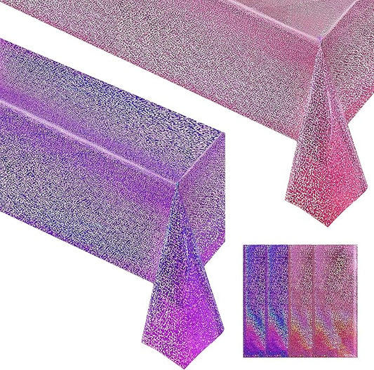4 pcs Pink&Purple Holographic Party Tablecloths 40" x 108" Laser Sparkly Table Cloths Iridescence Foil Glitter Table Cover for Halloween Wedding Anniversary Baby Shower Birthday Party Supplies
