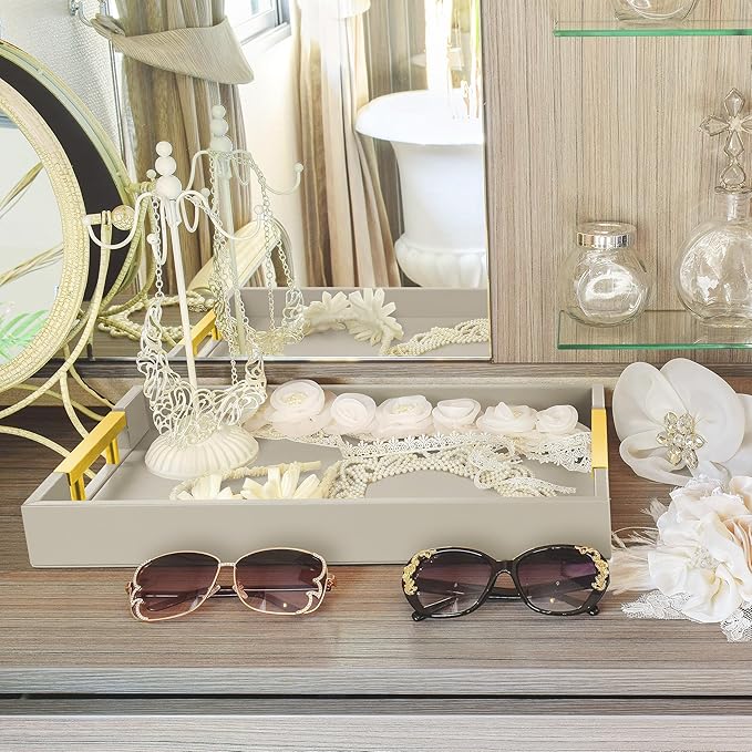 Leather Serving Tray with Gold Polished Metal Handles, Home Decorative Wooden Rectangle Ottoman Decor Platter Bathroom Vanity Tray for All Occasions Grey