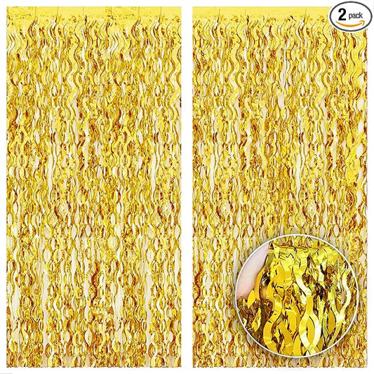 KatchOn, Large Wave Gold Backdrop Curtain - Pack of 2 | Gold Streamer Backdrop for Graduation | Golden Fringe Backdrop for Graduation Decorations 2025, Golden Birthday Decorations, Bridal Shower