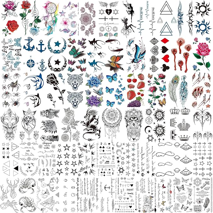 COKTAK 64 Sheets Variety Tiny Waterproof Temporary Tattoos For Men Women, Moon Star Butterfly Birds Planets Fake Tattoos For Kids Adults, Arm Neck Face Letters Temp Tattoo Temporary Tatoos Sticker Set