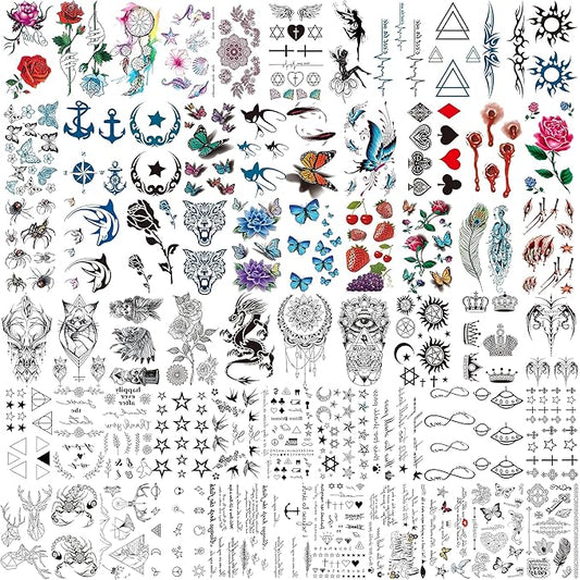 COKTAK 64 Sheets Variety Tiny Waterproof Temporary Tattoos For Men Women, Moon Star Butterfly Birds Planets Fake Tattoos For Kids Adults, Arm Neck Face Letters Temp Tattoo Temporary Tatoos Sticker Set