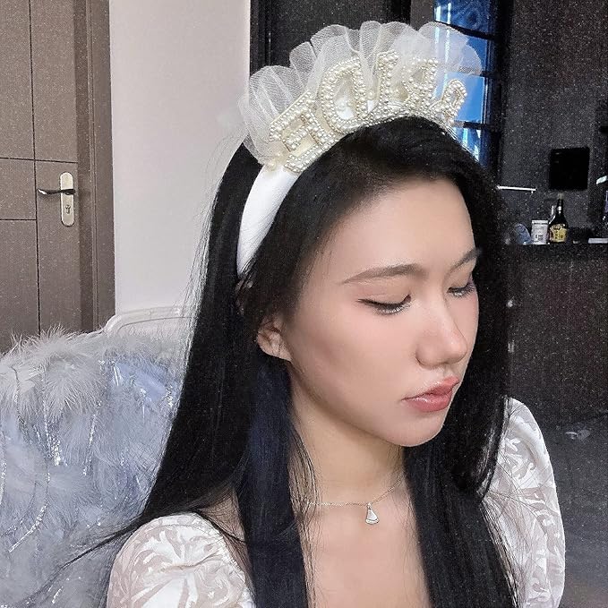 Pearl Veil Bride Headband, White Satin Hairband with 'BRIDE' Decorated by Pearl and Rhinestone, Bridal Hairband for Bachelorette Party Decorations, Women's Hair Accessory