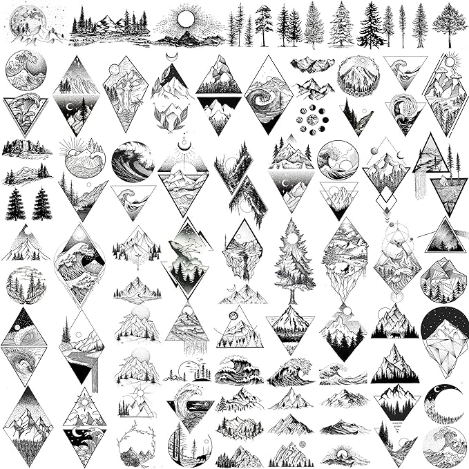 52 Sheets Small Black Mountain Temporary Tattoos For Men Women Adult, Geometric Sea Weave Forest Pine Tree Realistic Tattoo Sticker For Kids Children, Moon Sun Star Triangle Tatoos Outer Space