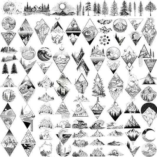 52 Sheets Small Black Mountain Temporary Tattoos For Men Women Adult, Geometric Sea Weave Forest Pine Tree Realistic Tattoo Sticker For Kids Children, Moon Sun Star Triangle Tatoos Outer Space
