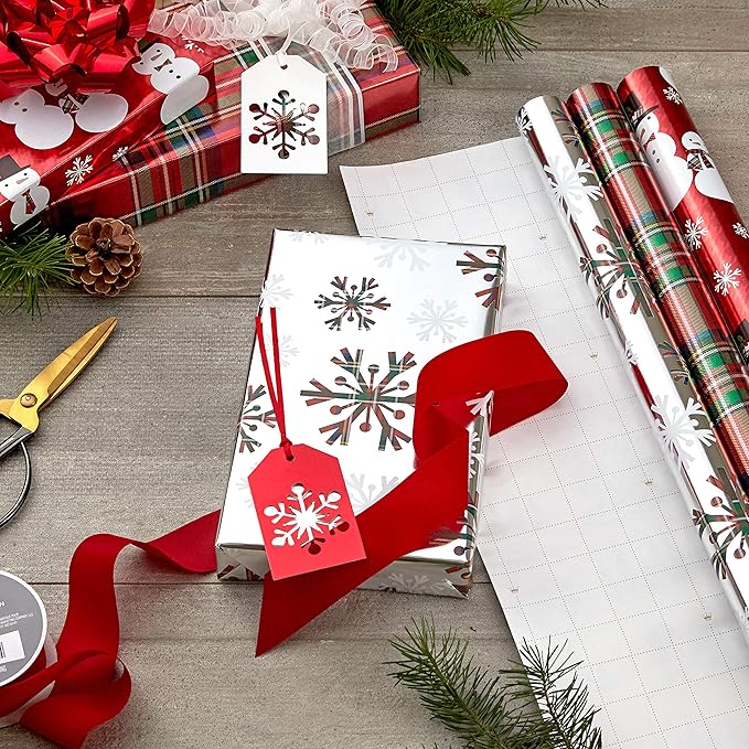 Hallmark Foil Christmas Wrapping Paper with Cut Lines on Reverse (3 Rolls: 60 sq. ft. ttl) Plaid Snowflakes, Snowmen, Red, Green and Blue Plaid