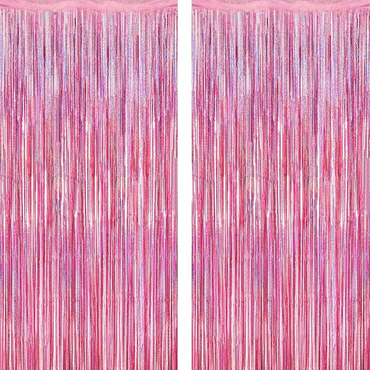 2 Pack Glitter Pink Backdrop, 3.28 FT x 7.05 FT Birthday Party Decorations, Laser Pink Fringe Curtains Foil Streamer Tinsel, Pink Curtains Photo Backdrop Happy Birthday Backdrop