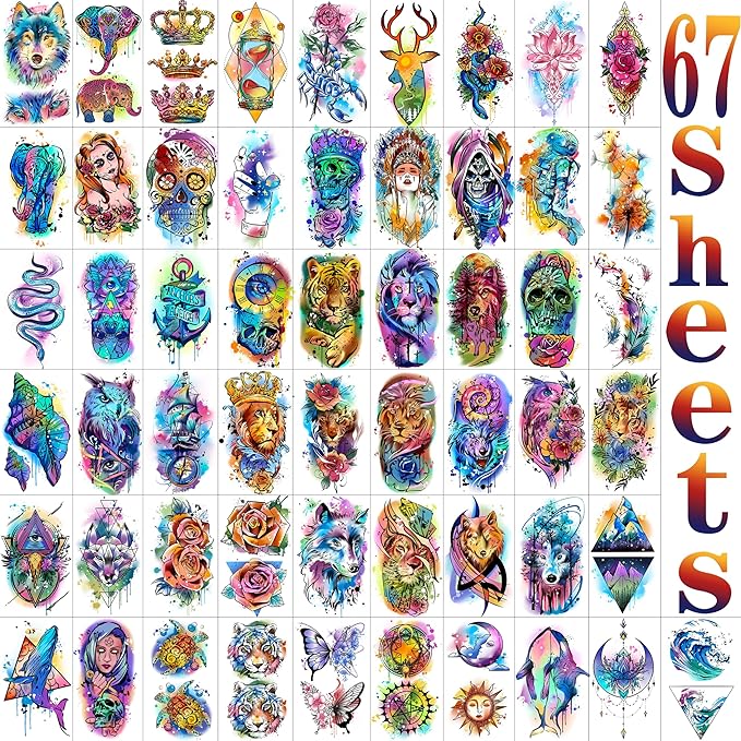 COKTAK 67 Sheets Watercolor Rose Flower Temporary Tattoos For Women Girls, 12 Sheets Colorful Arm Sleeve Tattoos For Adults Floral Snake Tiger, 53 Sheets Groovy Small Semi Permanent Fake Tattoos Kids