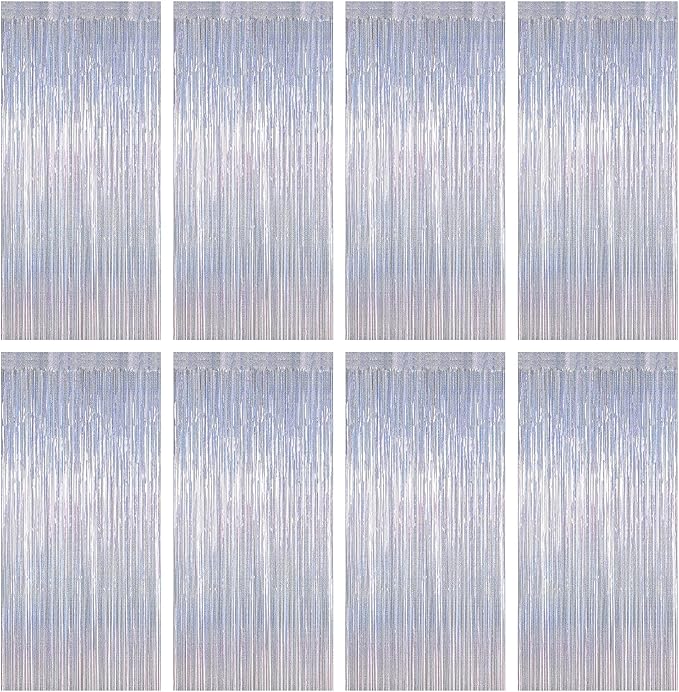 8 Pack Fringe Backdrop, 3.28 FT x 7.05 FT Glitter Silver Fringe Tinsel, Metallic Foil Curtains Disco Photo Backdrop Foil Streamer, Silver Party Decorations Disco Decor Engagement Party Supplies