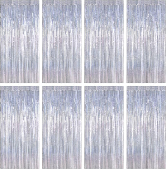 8 Pack Fringe Backdrop, 3.28 FT x 7.05 FT Glitter Silver Fringe Tinsel, Metallic Foil Curtains Disco Photo Backdrop Foil Streamer, Silver Party Decorations Disco Decor Engagement Party Supplies