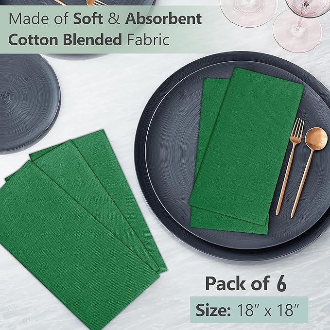 Ruvanti Cloth Napkins Set of 6, 18x18 Inches Napkins Cloth Washable, Soft, Durable, Absorbent, Cotton Blend. Table Dinner Napkins Cloth for Hotel, Lunch, Restaurant, Wedding Parties - Dark Green
