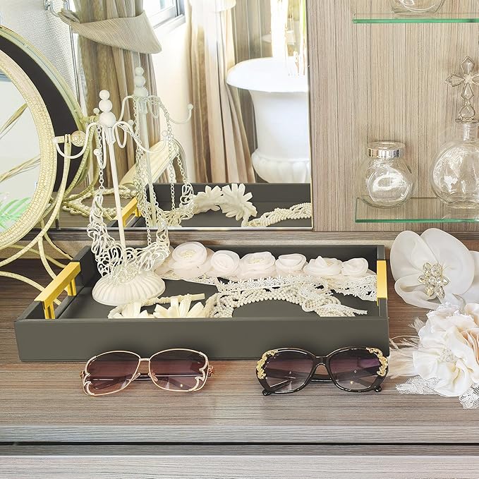 Leather Serving Tray with Gold Polished Metal Handles, Home Decorative Wooden Rectangle Ottoman Decor Platter Bathroom Vanity Tray for All Occasions Black