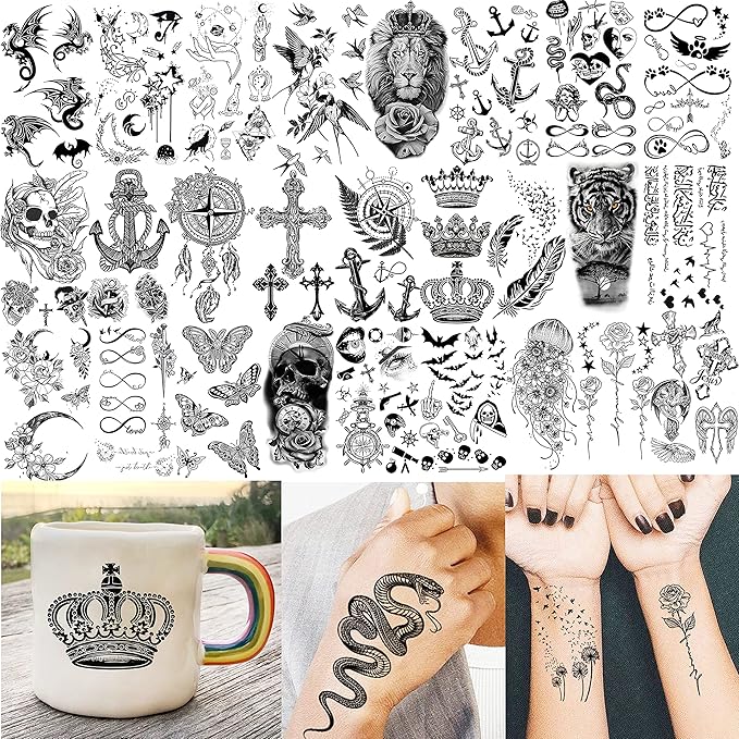 61 Sheets 3D Snake Flower Temporary Tattoos For Women Girls Neck Arm, 12 Sheets Realistic Floral Fake Tattoo Stickers Thigh, Waterproof Temp Transfer Tatoo Adults Rose Sunflower Butterfly