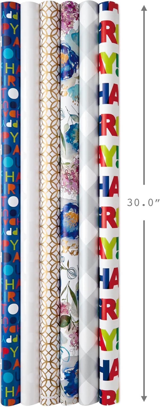 Hallmark Birthday Wrapping Paper Rolls for Graduation, Wedding, Baby Shower, Bridal Shower - Floral, White and Gold & Polka Dot Gift Wrap Paper (Set of 6 Assorted Rolls: 180 sq. ft. ttl.)