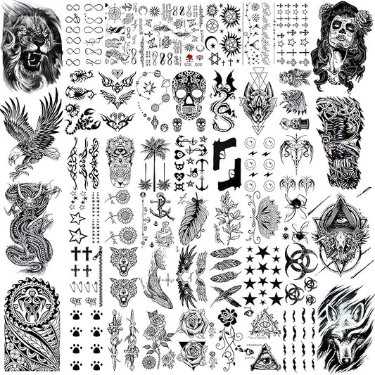 50 Sheets Black Temporary Tattoos For Men Adults Ealge Dragon Lion Wolf Animals For Women Neck Arm Thigh, Fake Small Skull Tattoo Sticker For Kids Children Boys Girls Tatoos