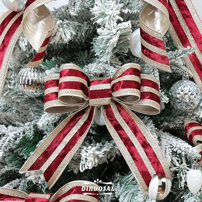 Burgundy Velvet Wired Ribbon with Champagne Glitter Stripe 2.5 Inch Crushed Velvet Christmas Ribbon, 10 Yards for Gift Wrapping, Crafts, Christmas Tree Decorations, Wreath Supplies, Garlands