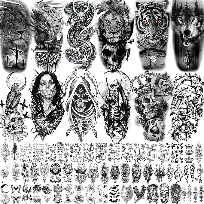 66 Sheets Black Eagle Dragon Halloween Temporary Tattoos For Men Women Thigh, Scary Tiger Lion Devil Skull Fake Tattoos For Adults, 3D Wolf Large Half Arm Sleeve Realistic Tattoo Forearm Vampire Demon