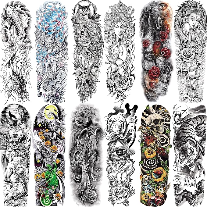 Aresvns Sleeve Tattoo Temporary, 12Pcs Halloween Full Arm Fake Tattoos for Adults, Large Totem Wolf Military Tempoary Tattoos for BBQ Pool Beach Party