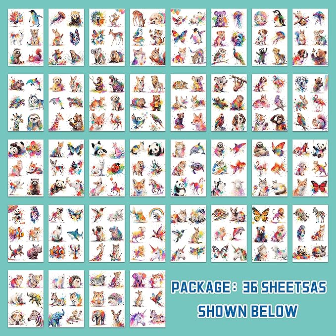 216 PCS Watercolor Animals Temporary Tattoo Set (36 Sheets) for kids - Cute Animals Sticker for Girls Boys Body Arm Shoulder, Birthday Party Supplies Gifts for Kids