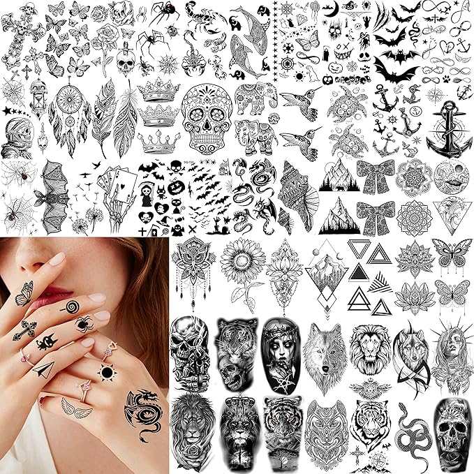 65 Sheets Black Realistic Flower Temporary Tattoos For Women Arm Thigh, 3D Fake Tattoos That Look Real And Last Long, Temp Rose Sketch Moon Snake Peony Floral Tattoo Stickers For Adults Girls