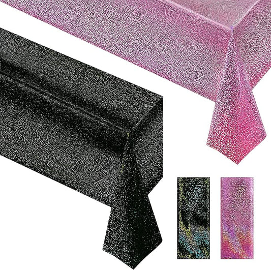 2 pcs Pink & Black Holographic Laser Tablecloth 40" x 108" Party Table Cloth Shimmer Shining Plastic Metallic Table Cover for Pink Halloween Decor Girls Baby Shower Birthday Party Supplies