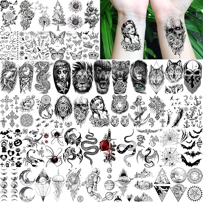 COKTAK 68 Sheets Large Half Arm Sleeve Temporary Tattoos For Men Women Forearm, Tribal Wolf Tiger Lion Owl Skull Temp Halloween Fake Tattoo Stickers Adults, Black Realistic Tattoo Flower Rose Animals