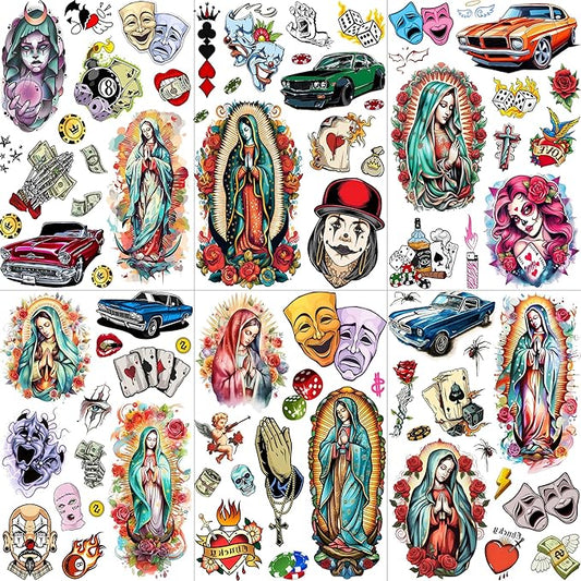 6 Sheets 3D Mexico Chicano Temporary Tattoos For Women Men Adults, Watercolor Guadalupe Tattoo Sticker, Prison Gangster Cholo Joker Chicana Halloween Tattoos Face, Tatuajes Temporales Autocolante