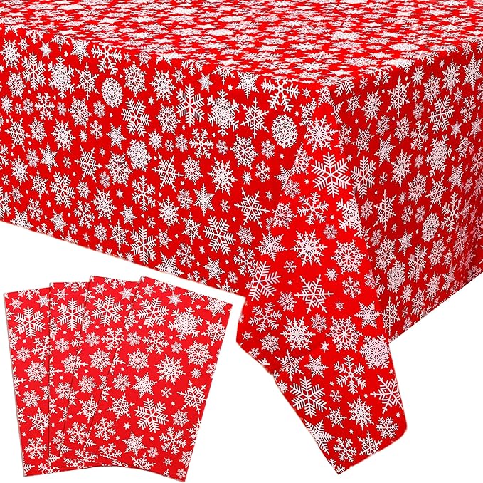 Mornajina 4 Packs 108 x 54 Inch Snowflake Tablecloth Merry Christmas Party Tablecloth Decorations Disposable Rectangle Plastic Snowflake Table Cloth (Red)