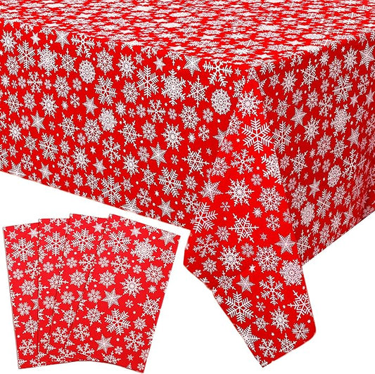Mornajina 4 Packs 108 x 54 Inch Snowflake Tablecloth Merry Christmas Party Tablecloth Decorations Disposable Rectangle Plastic Snowflake Table Cloth (Red)