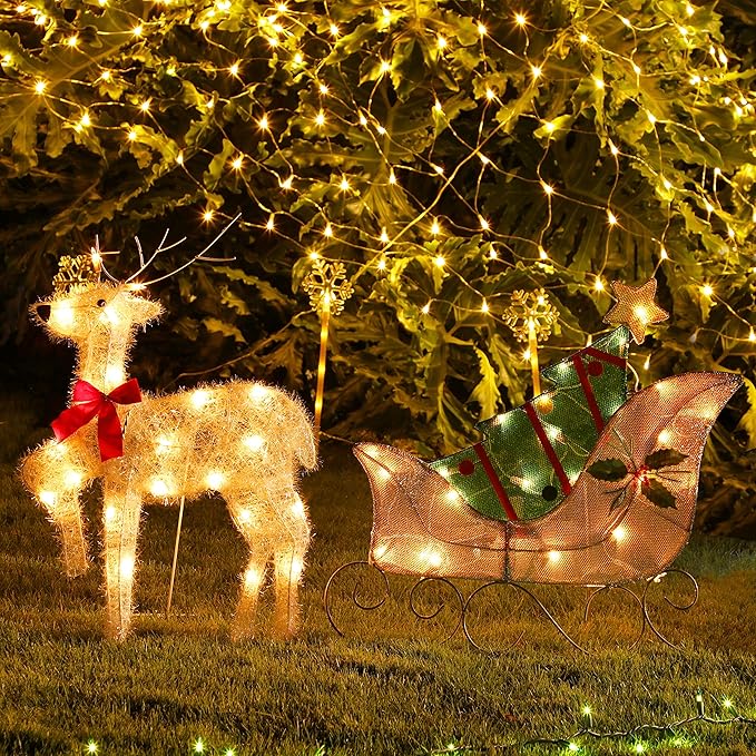 ATDAWN Lighted Christmas Reindeer Sleigh Yard Decoration, 50 Lights Christmas Deer Outdoor Decoration, Light Up Display