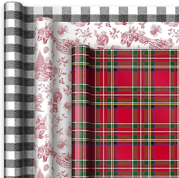 Hallmark Holiday Plaid Wrapping Paper with Cutlines and Optional DIY Bow Templates on Reverse (3-Pack: 120 Sq. Ft. Ttl) Red Toile, Black Buffalo Check, Plaid for Christmas, Birthdays, Weddings, Crafts